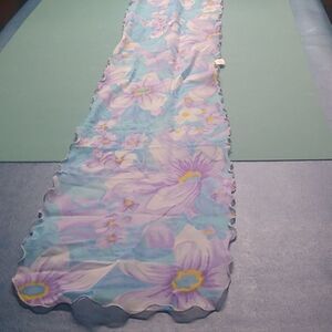 Vintage Floral Blue /Purple Chiffon Scarf Oblong Neck/Hair Nylon Scalloped…